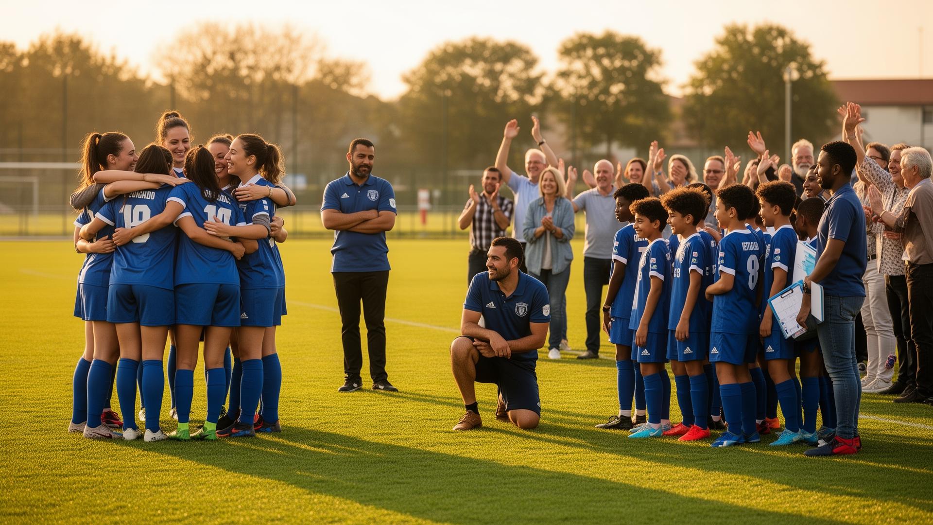 Équipe féminine senior, jeunes joueurs, coachs, éducateurs, parents et dirigeants réunis sur le terrain